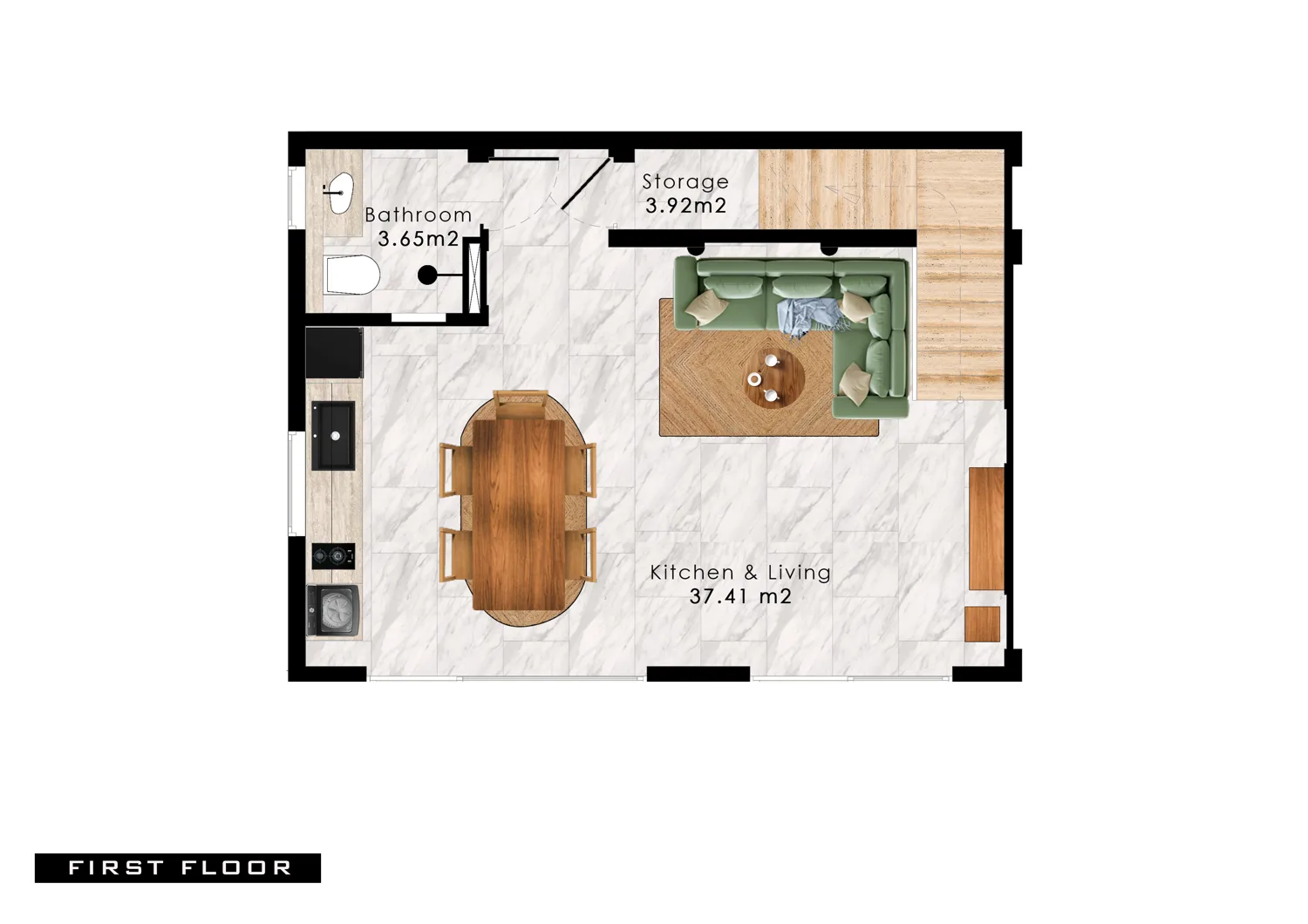 Первый этаж виллы 231 — кухня-гостиная 37,41 м²